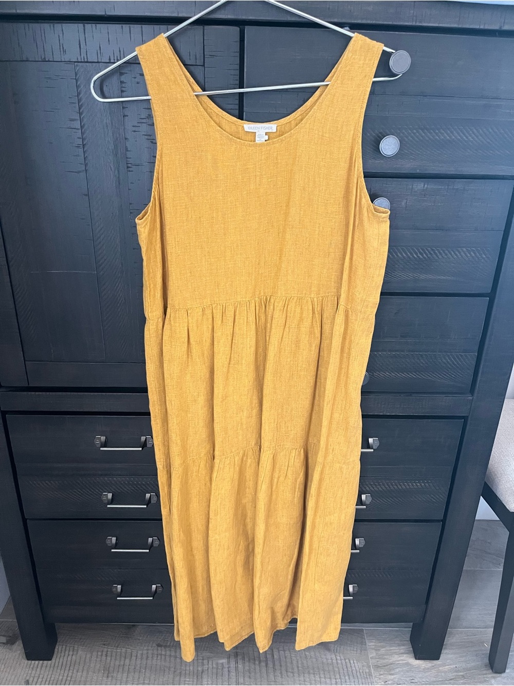 Eileen Fisher Mustard Sleeveless Tiered Linen Dress